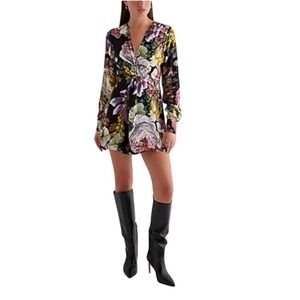 EXPRESS Floral‎ V Neck Twist Front Long Sleeve Romper Dress Black Multi Size L